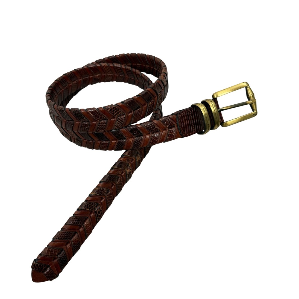 Calé Belt Mens 40 Brown Woven Braided Lizard Leather Embossed Brass Buckle Spain
